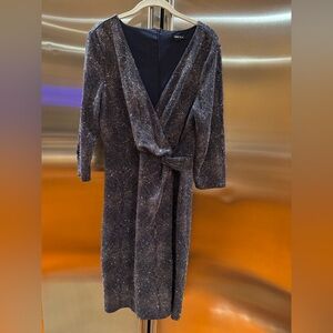 Onyx Navy and Silver Sparkling Wrap 3/4 Sleeve Dress size Large Fully Lined